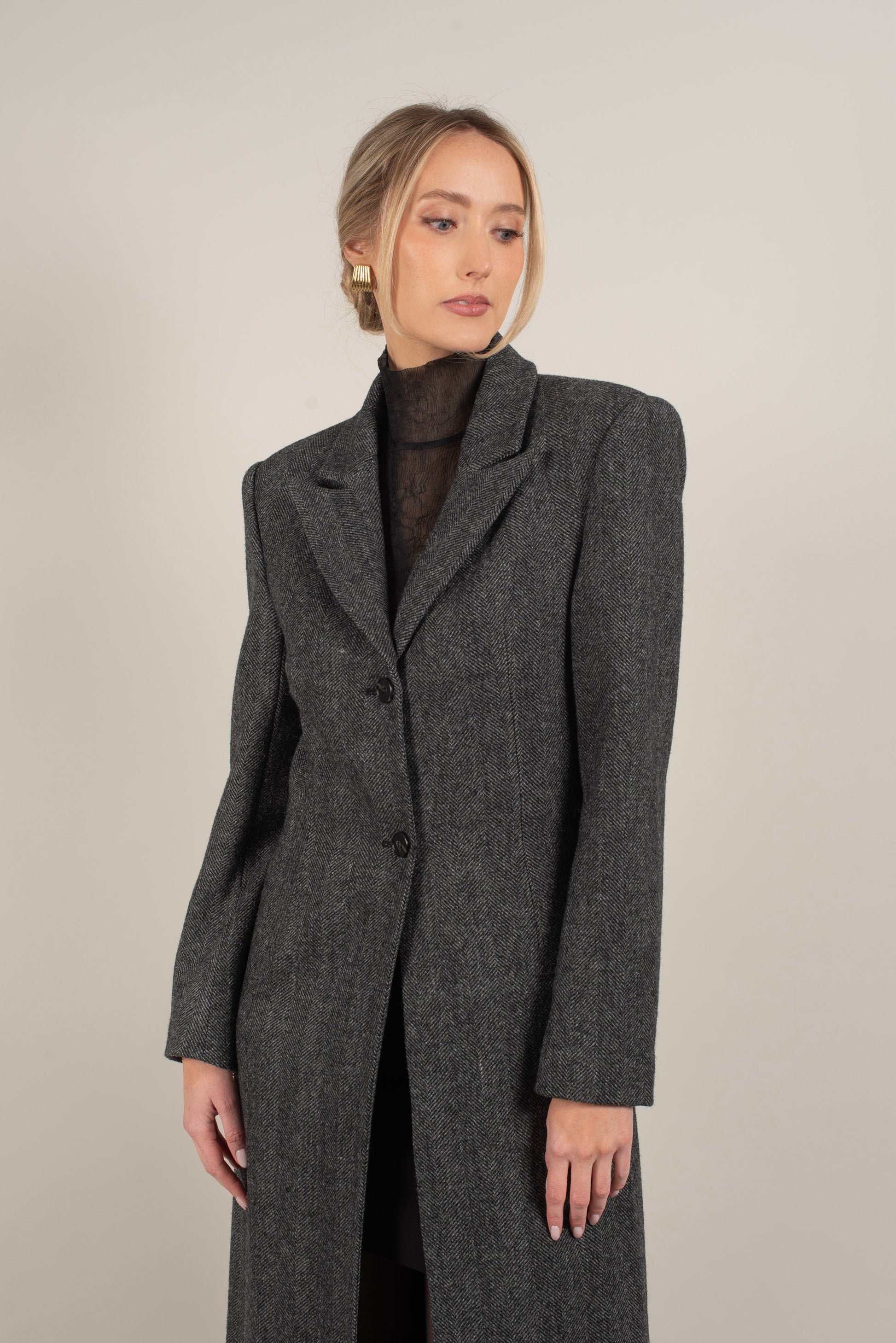 Long Blazer Coat Grey Herringbone